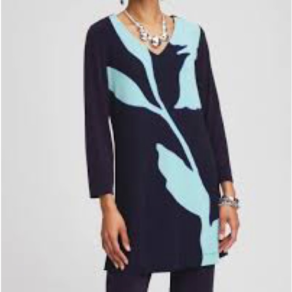 Chicos Dress Womens 3 US XL Blue Floral Abstract Liquid Knit Wrinkle Free Tunic‎